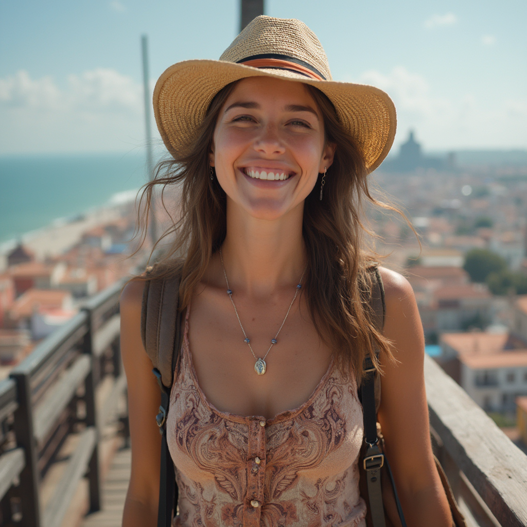 woman traveling with hat smiling and happy