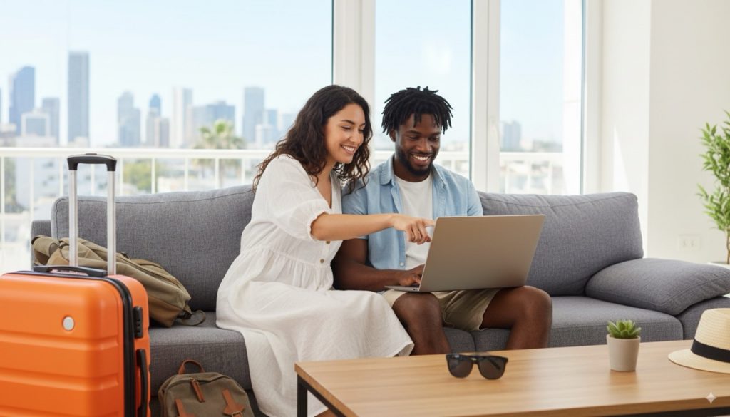 couple looking at accommodations on a laptop