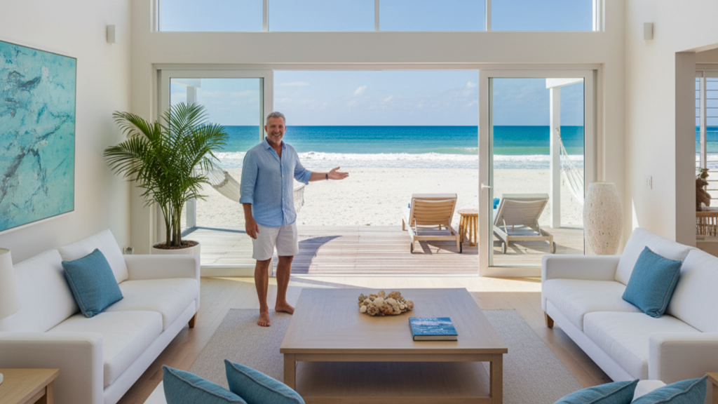 host showing tourist accommodation on the beach