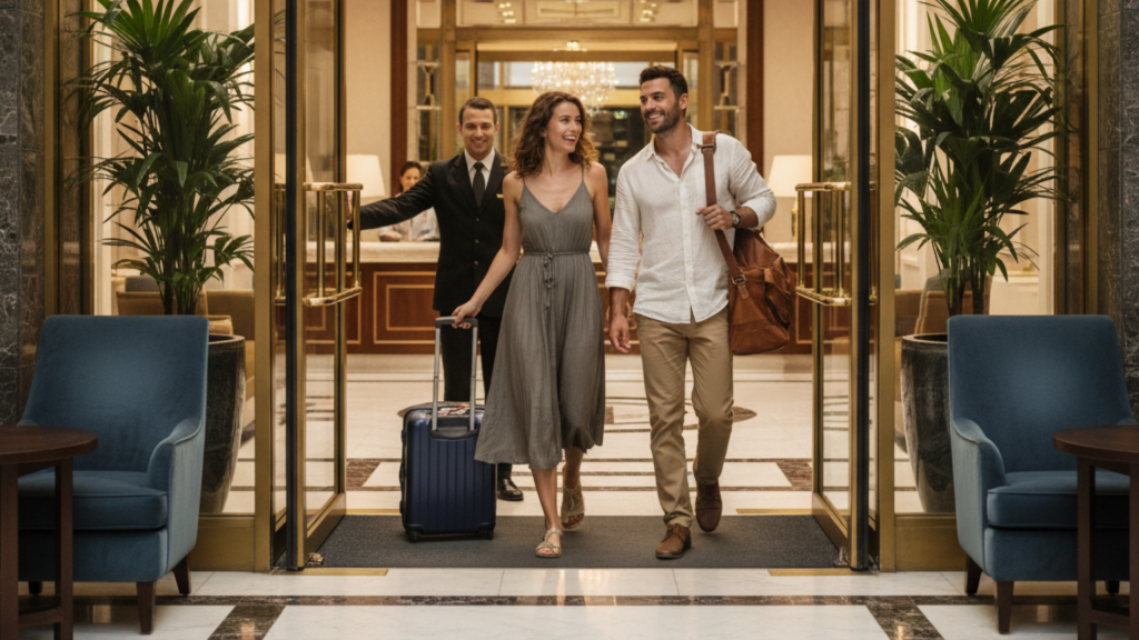 couple entering a hotel with suitcases