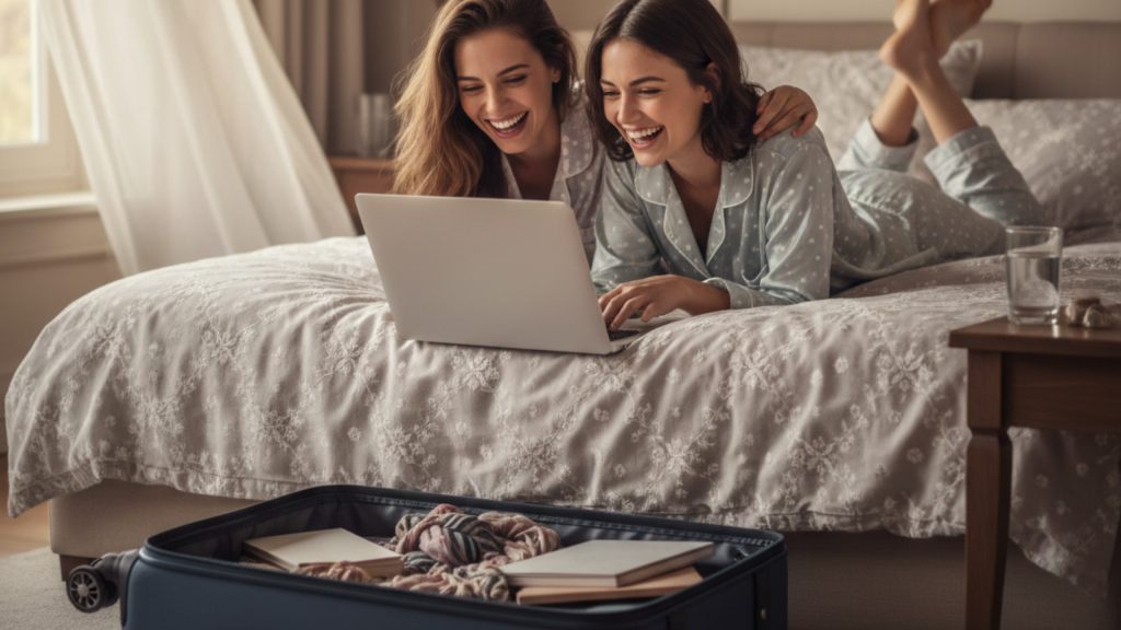 friends staying at the hotel using laptops 